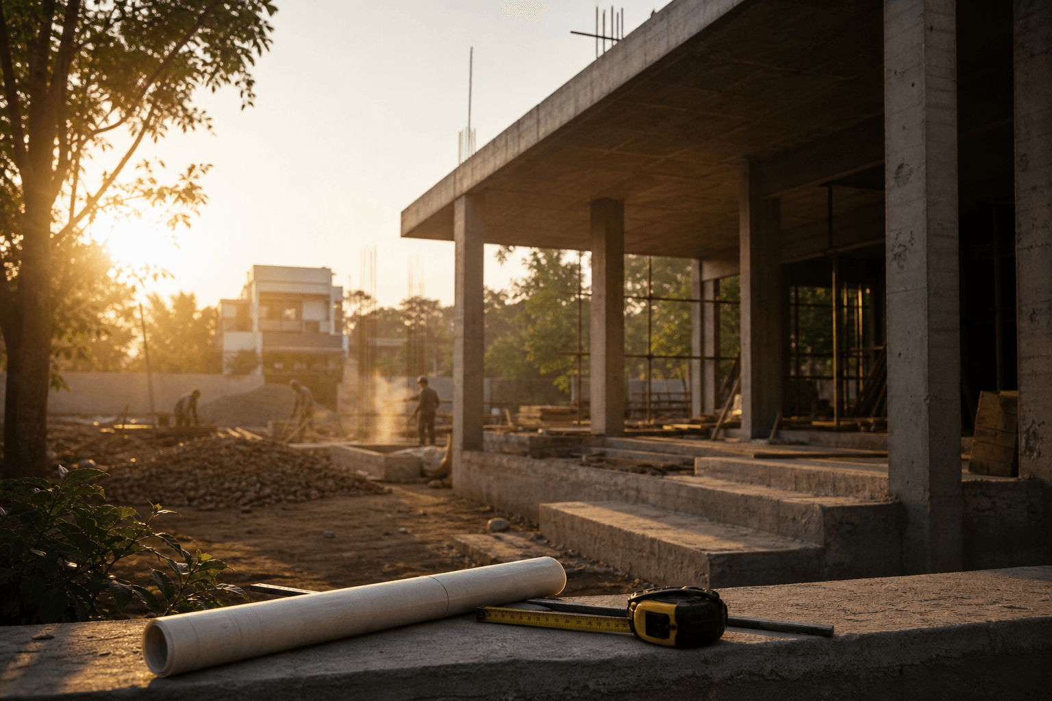 A Bangalore home construction site at golden hour
